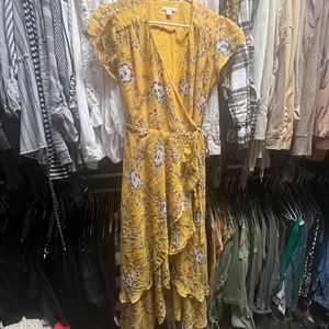 Mustard Yellow Floral High-Low Wrap Dress